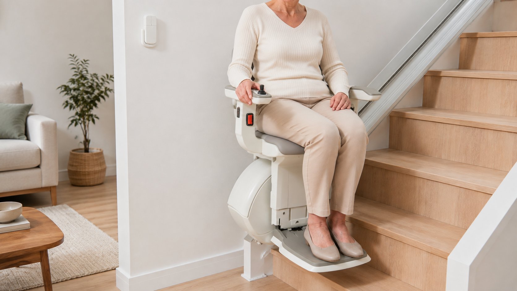 Personne agee installee confortablement sur un monte-escalier